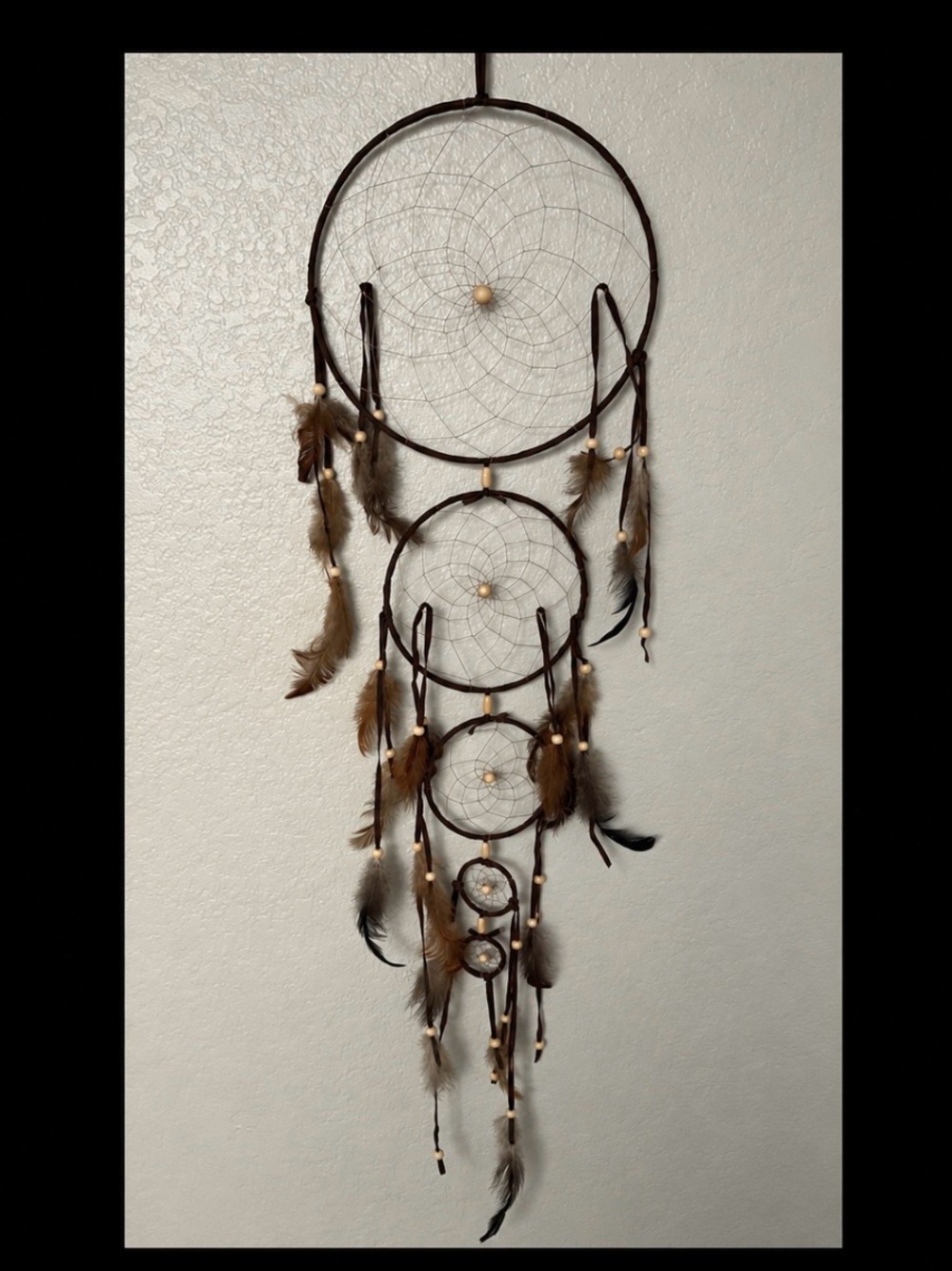 Large Brown 5 Ring Dream Catcher with Feathers & Wooden Beads Decor